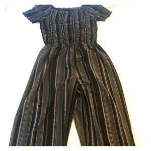 Black and white off shoulder midi jumpsuit